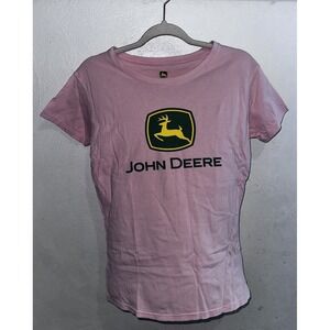 John Deere Size M Pink Green Graphic Short Sleeve Cotton Womens Top